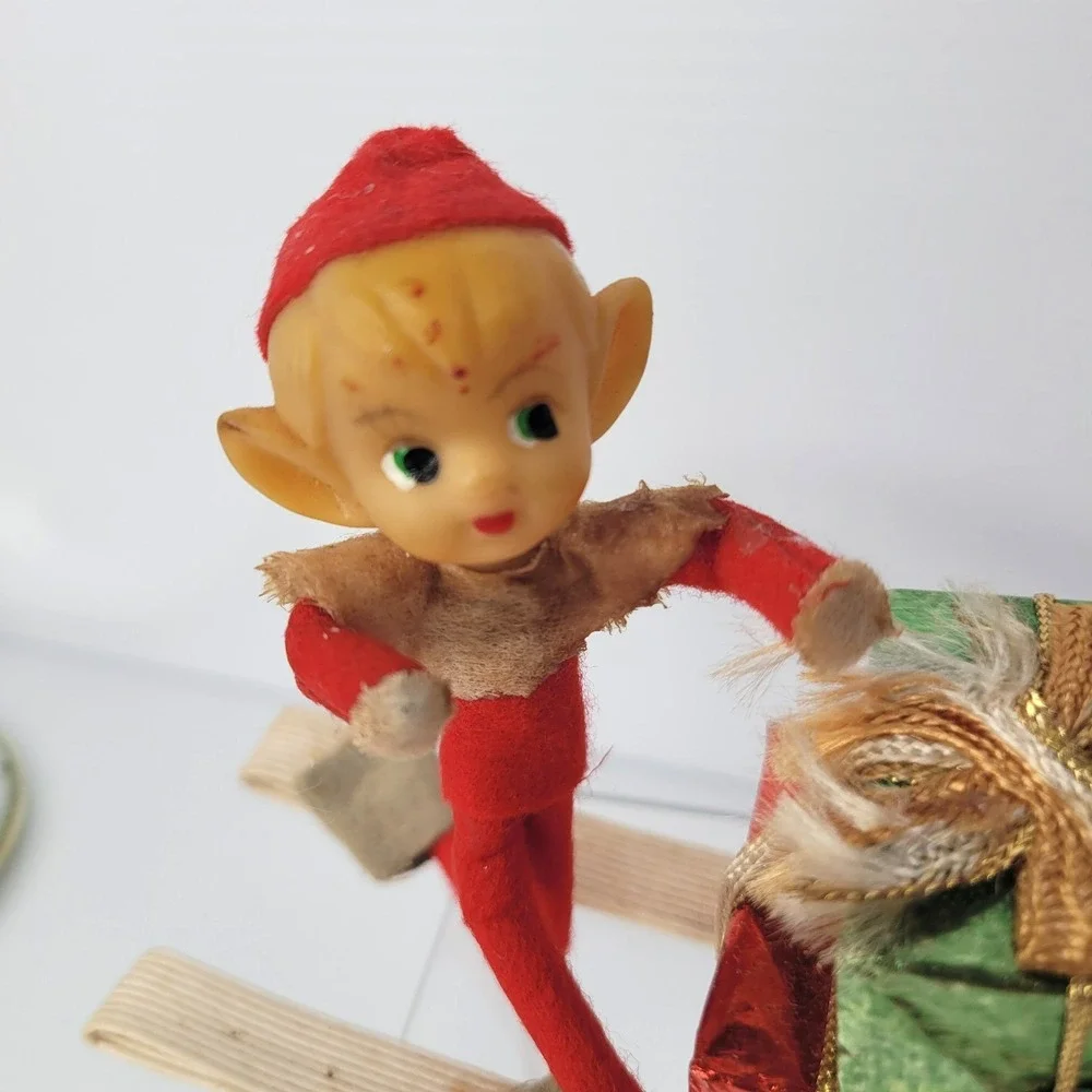 Vintage Pixie Elf Doll on Sleigh Christmas Decoration 8